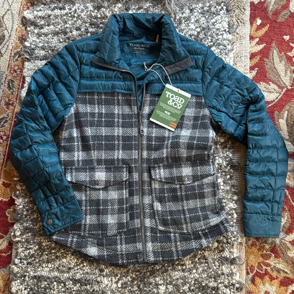 Toad&Co Breckinridge women’s jacket wool Hybrid puffy turquoise gray plaid NWT M